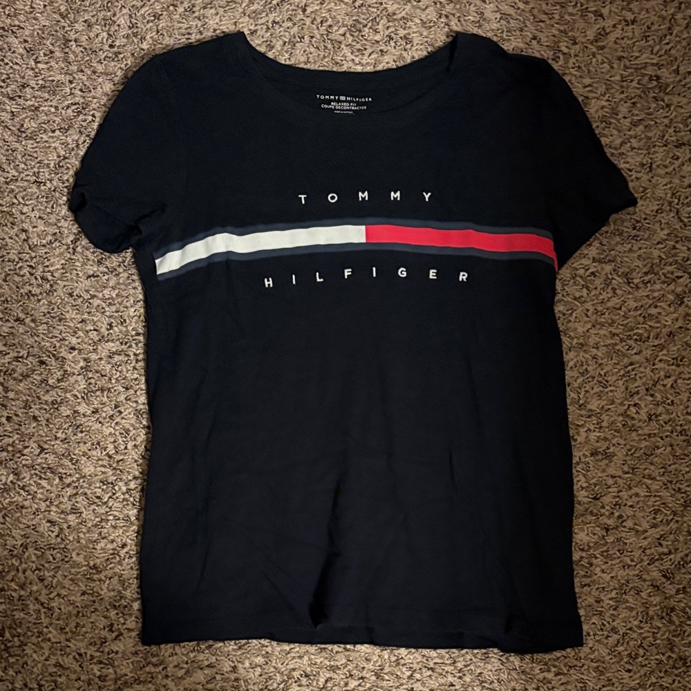Tommy Hilfiger Black Short-Sleeve Logo Tee with Red & White Stripes
